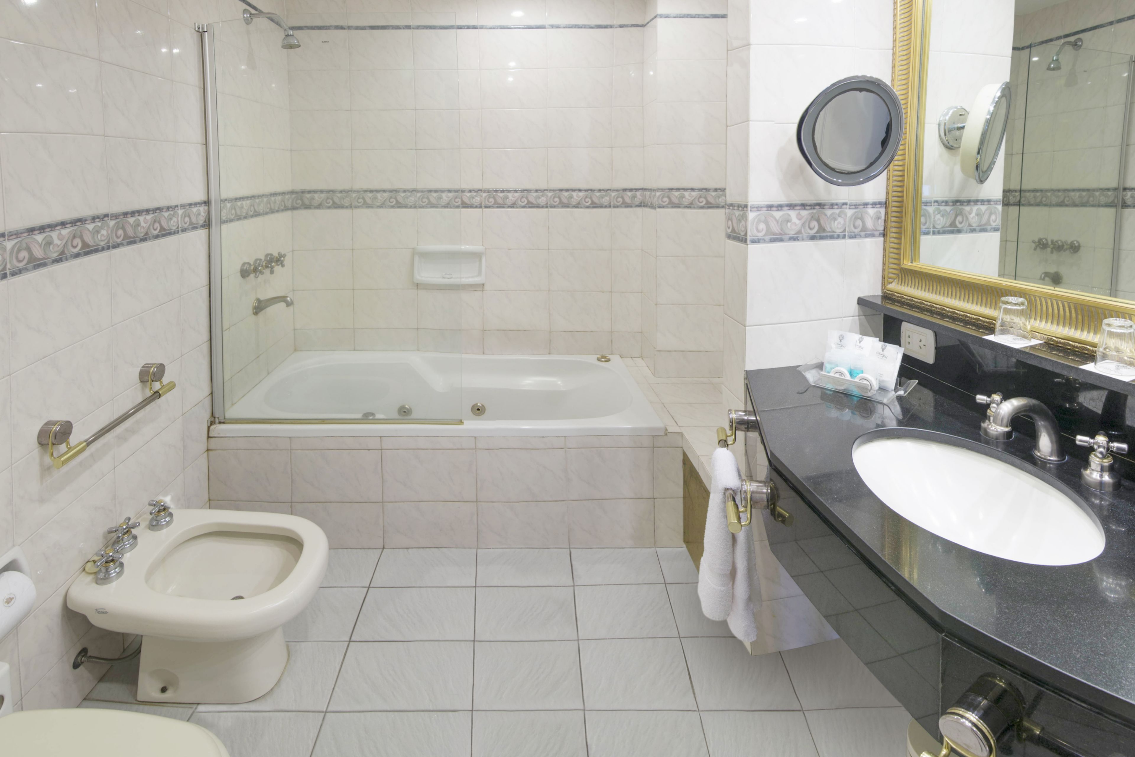 Un baño con bañera, bidé, lavabo y un espejo grande.