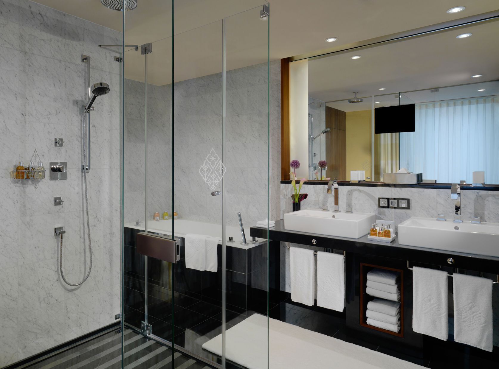 Bathroom | Designer toiletries, hair dryer, bathrobes, slippers