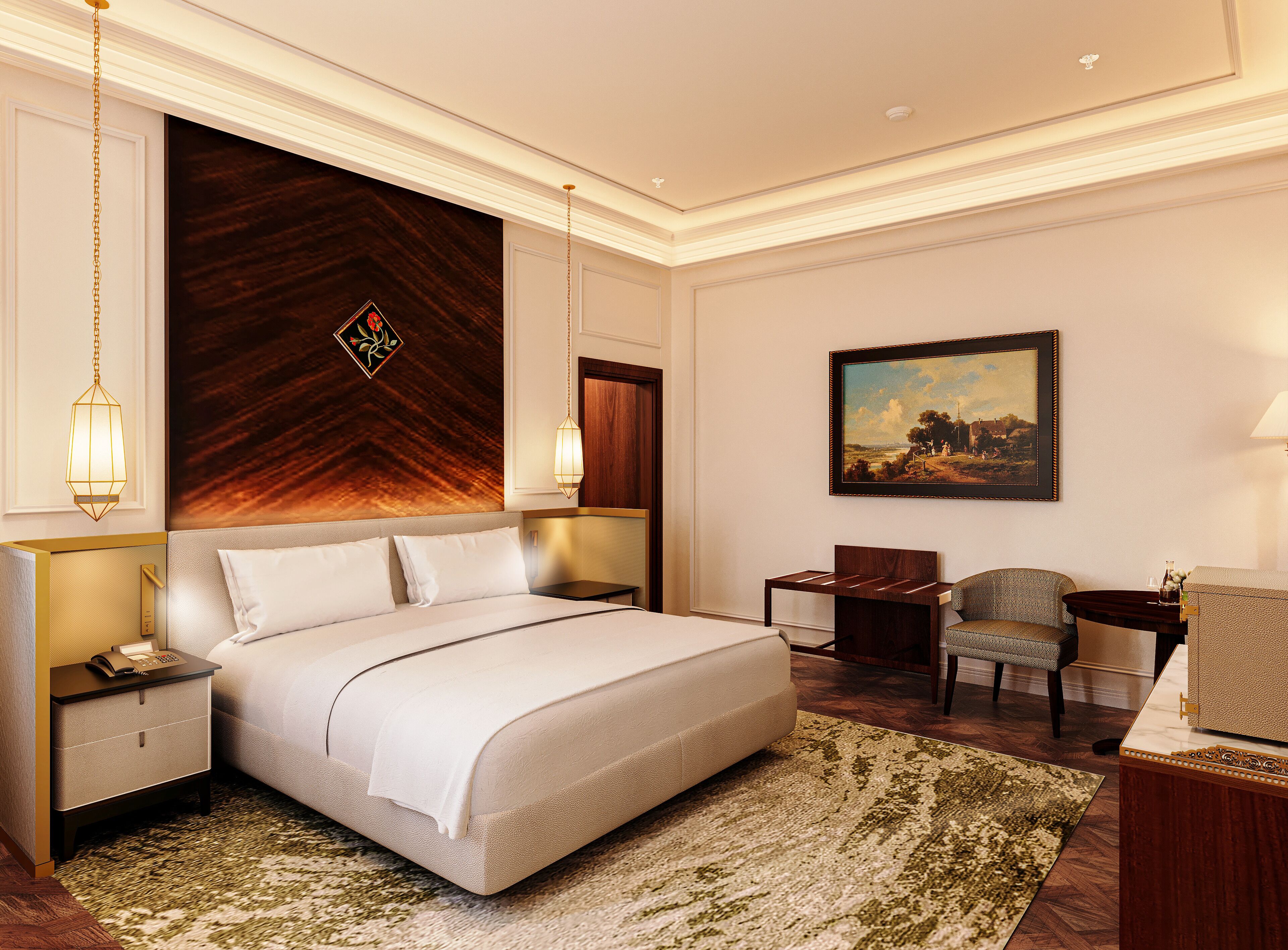 Une chambre d’hôtel avec un grand lit, un bureau, une chaise et un tableau au mur.