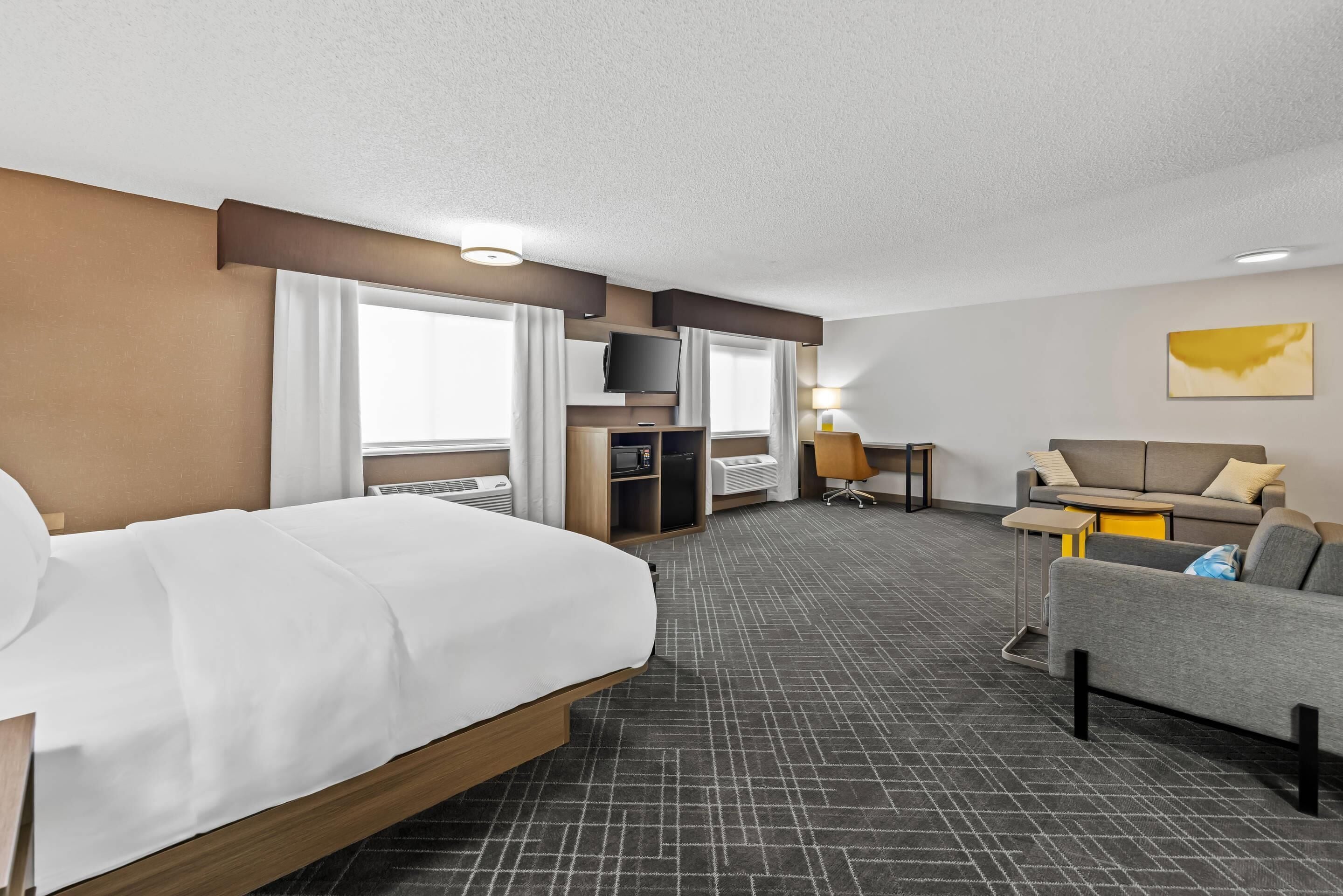 A hotel room with a bed, a sofa, a desk, and a TV.