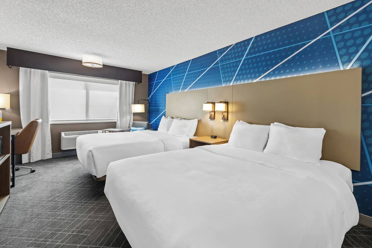 1 bedroom, desk, laptop workspace, blackout curtains