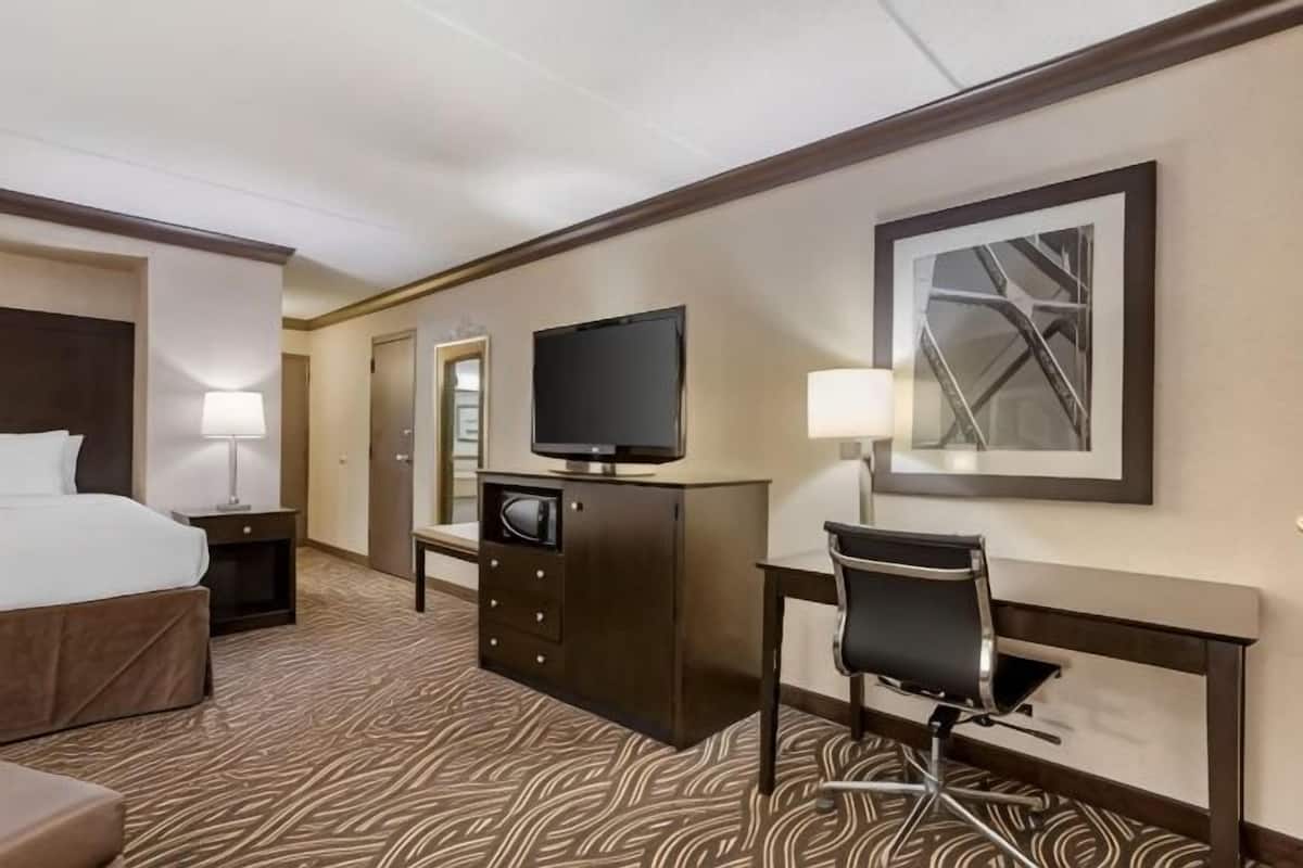 A hotel room with a bed, a desk with a chair, a television, a mirror, and a framed picture on the wall.