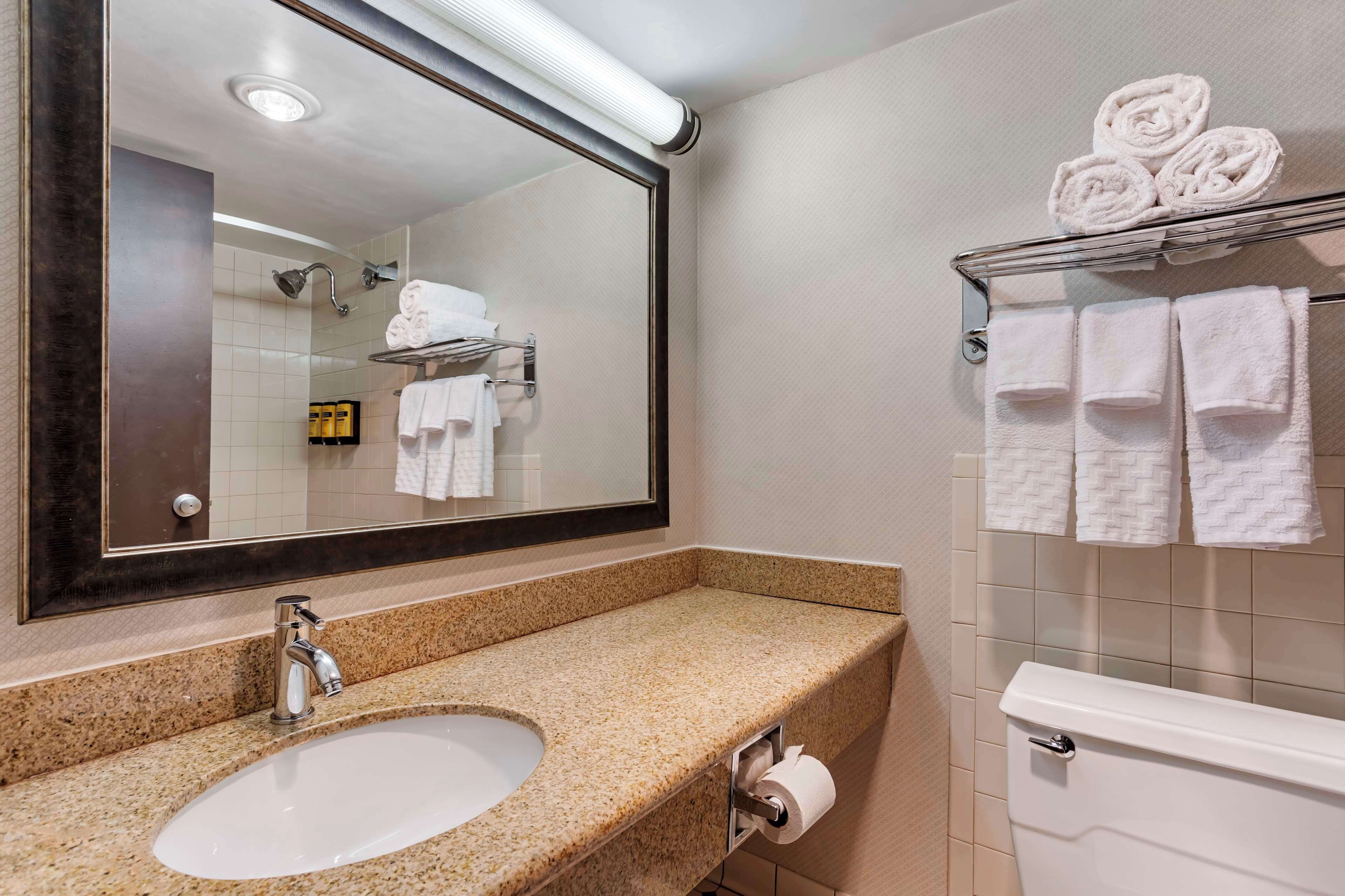 A bathroom with a sink, mirror, towel rack, and toilet.