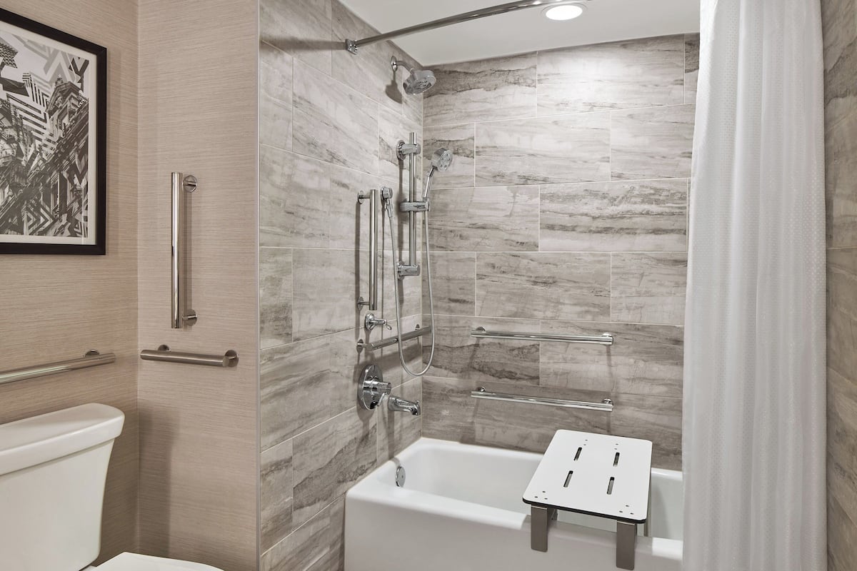 Combined shower/bathtub, free toiletries, hair dryer, towels