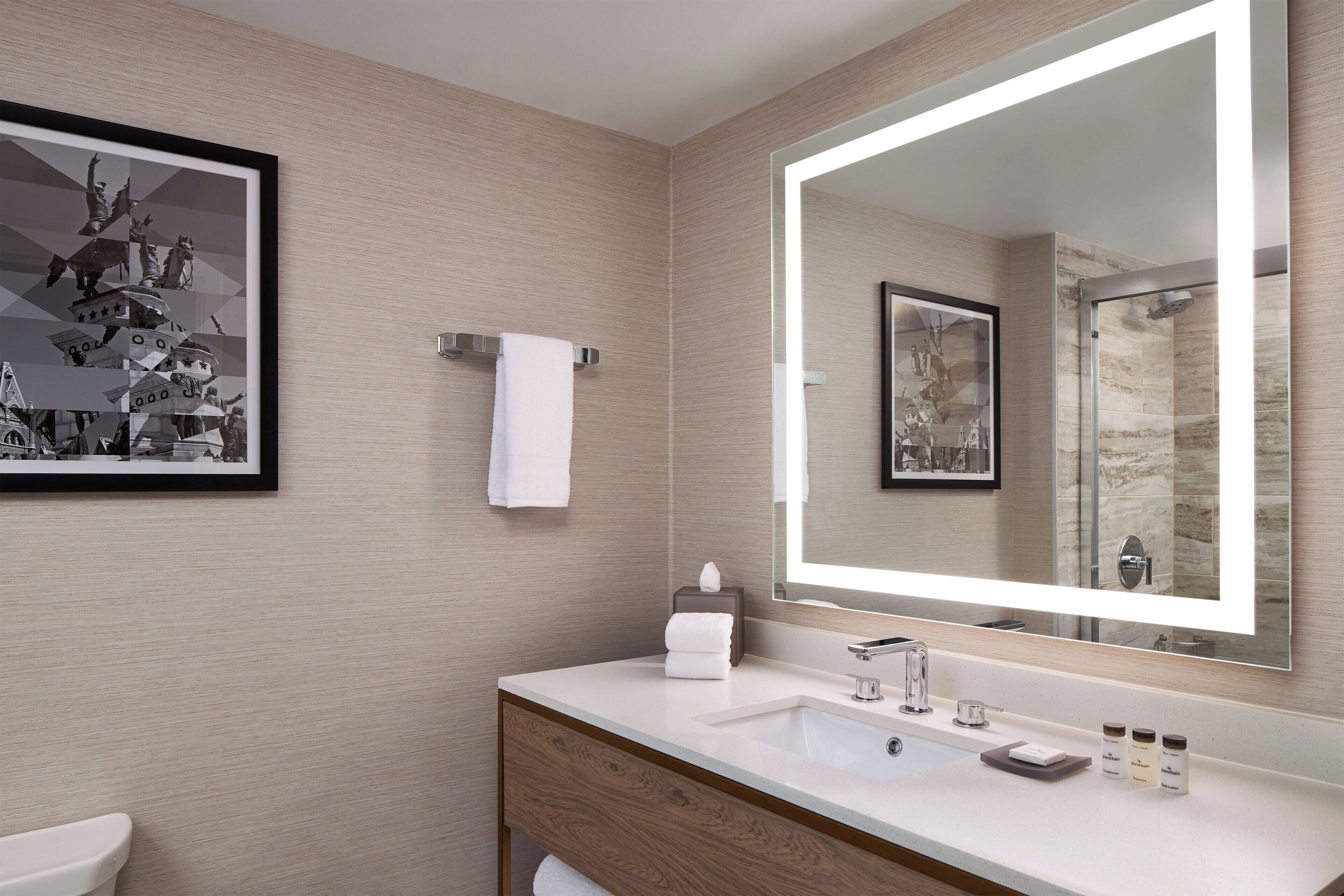 combined shower/bathtub, free toiletries, hair dryer, towels