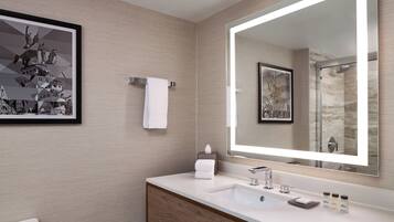 Un bagno moderno con uno specchio grande, un lavabo e un water.