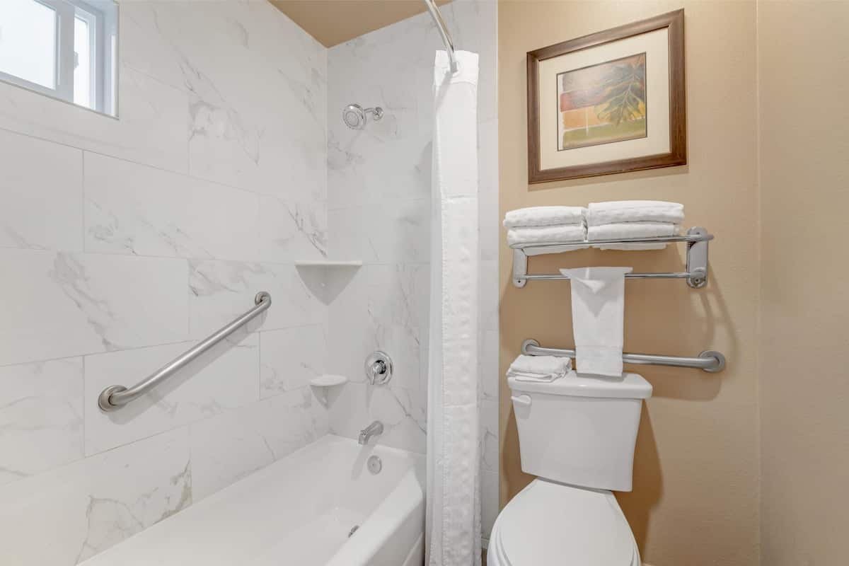 Combined shower/tub, eco-friendly toiletries, hair dryer, towels