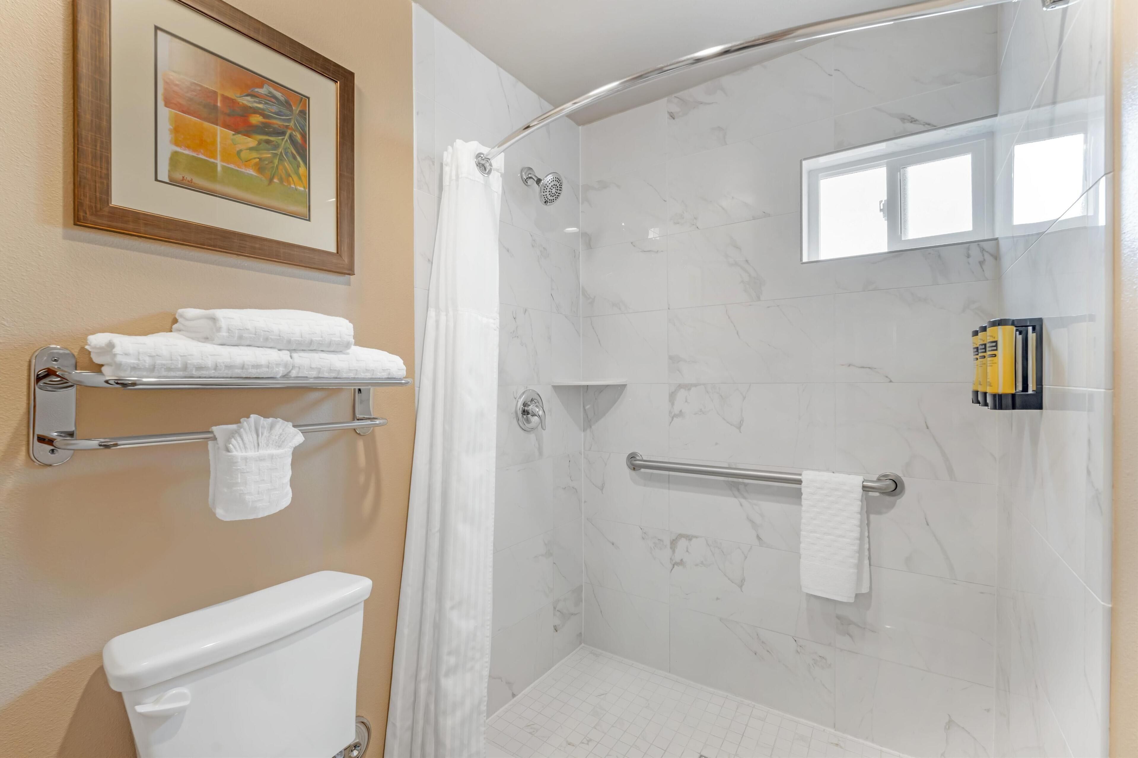 room, 1 king bed (shower only) | bathroom | combined shower/bathtub, eco-friendly toiletries, hair dryer, towels