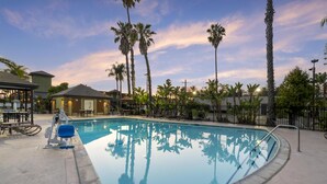A swimming pool with lounge chairs and a sun lounger, surrounded by palm trees and a fence.