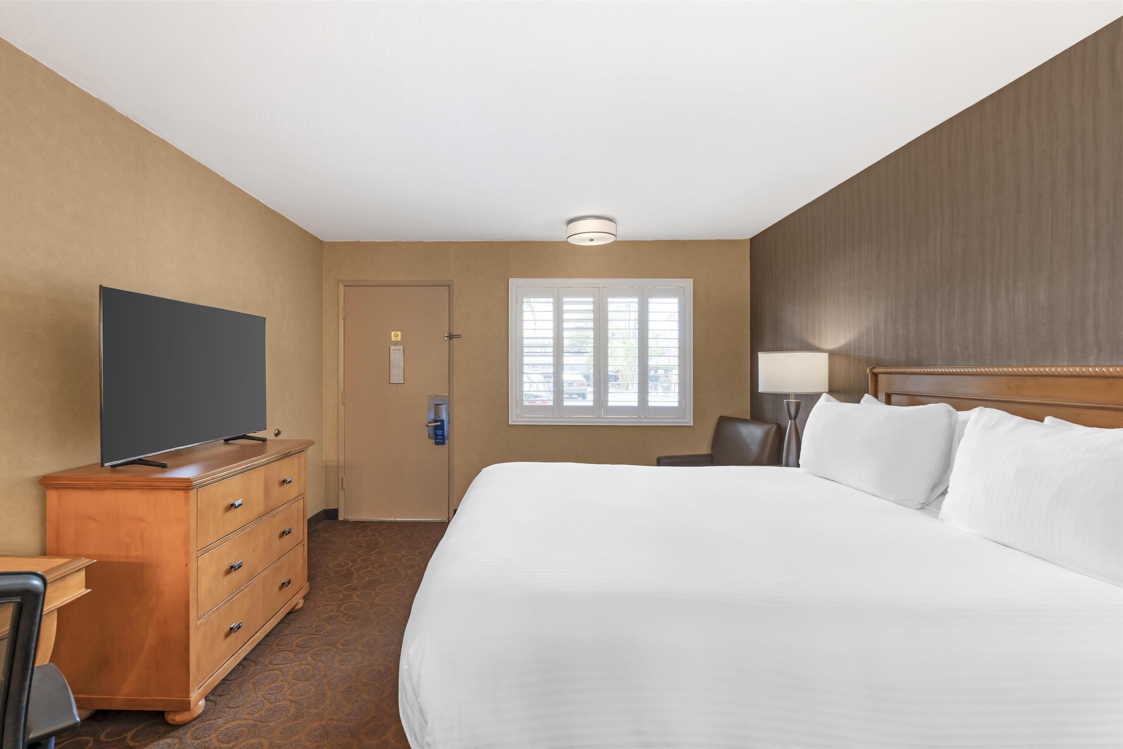 room, 1 king bed (shower only) | 1 bedroom, desk, laptop workspace, iron/ironing board