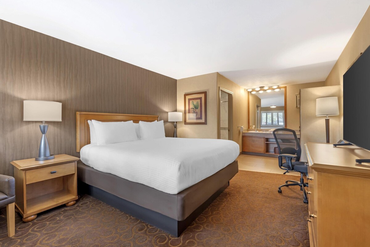 A hotel room with a large bed, a desk, a chair, and a mirror.