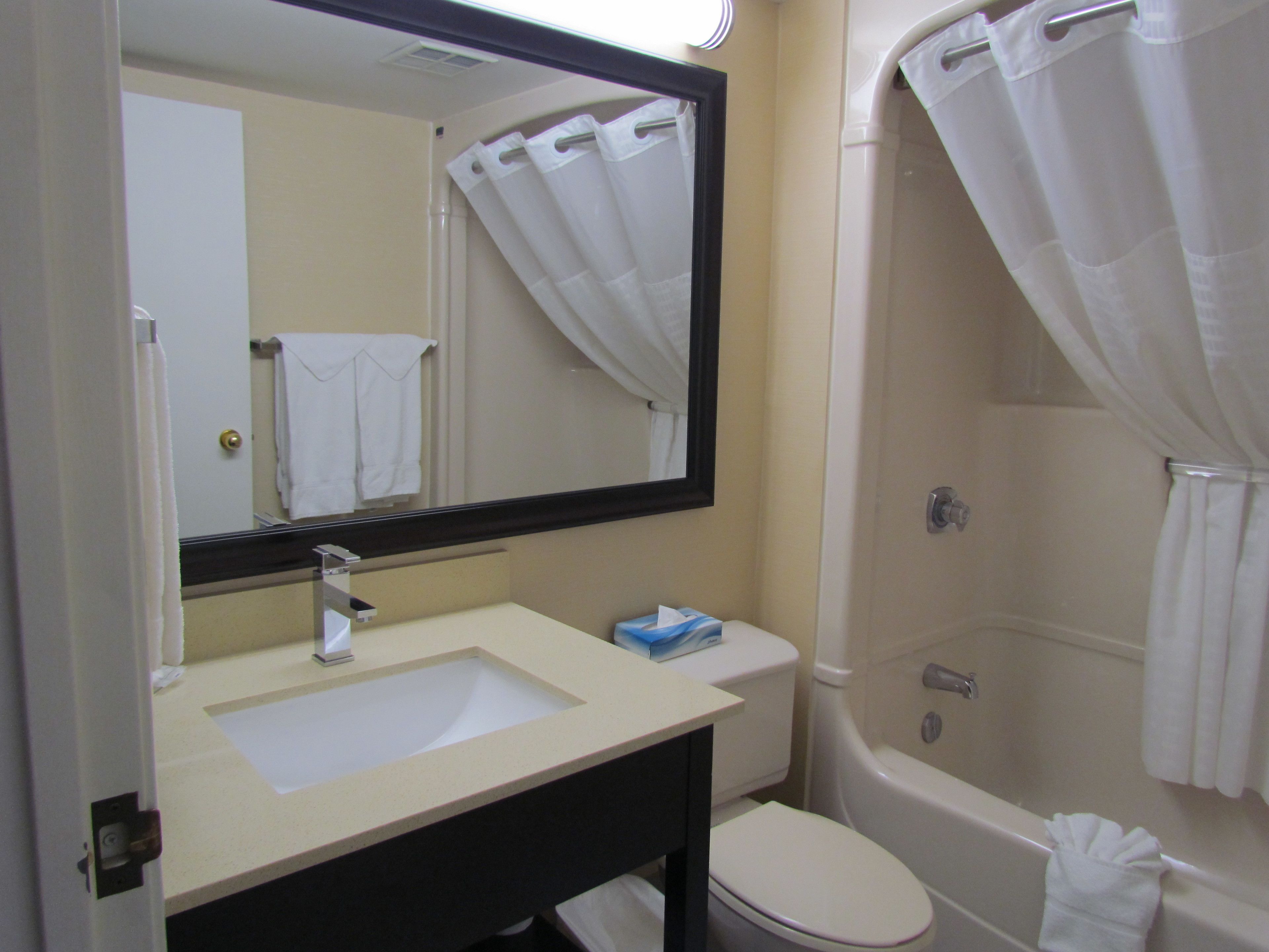 combined shower/bathtub, free toiletries, hair dryer, towels