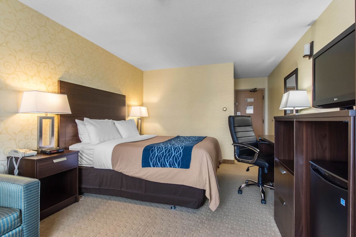 Een hotelkamer met een bed, twee bedlampjes, een bureau met een computer, een stoel en een televisie.