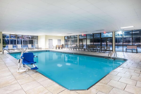 Indoor pool, open 10:00 AM to 10:00 PM, sun loungers