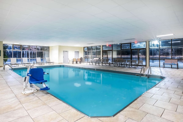 Indoor pool, open 10:00 AM to 10:00 PM, sun loungers