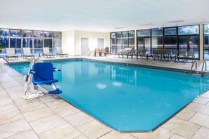 Indoor pool, open 10:00 AM to 10:00 PM, sun loungers