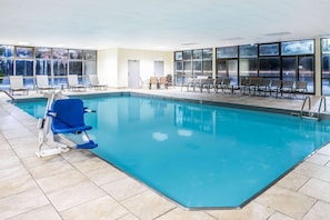 Indoor pool, open 10:00 AM to 10:00 PM, pool loungers