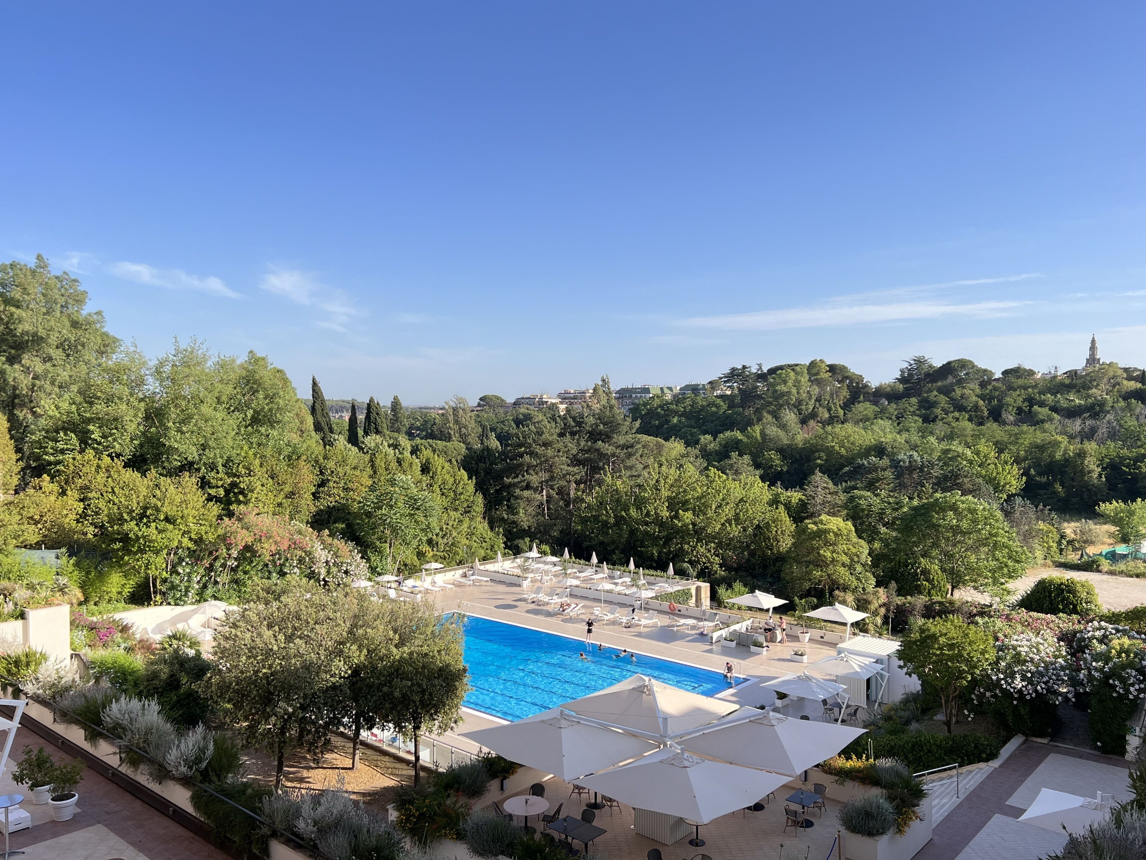 A pool area with lounge chairs and umbrellas, surrounded by lush greenery and trees.
