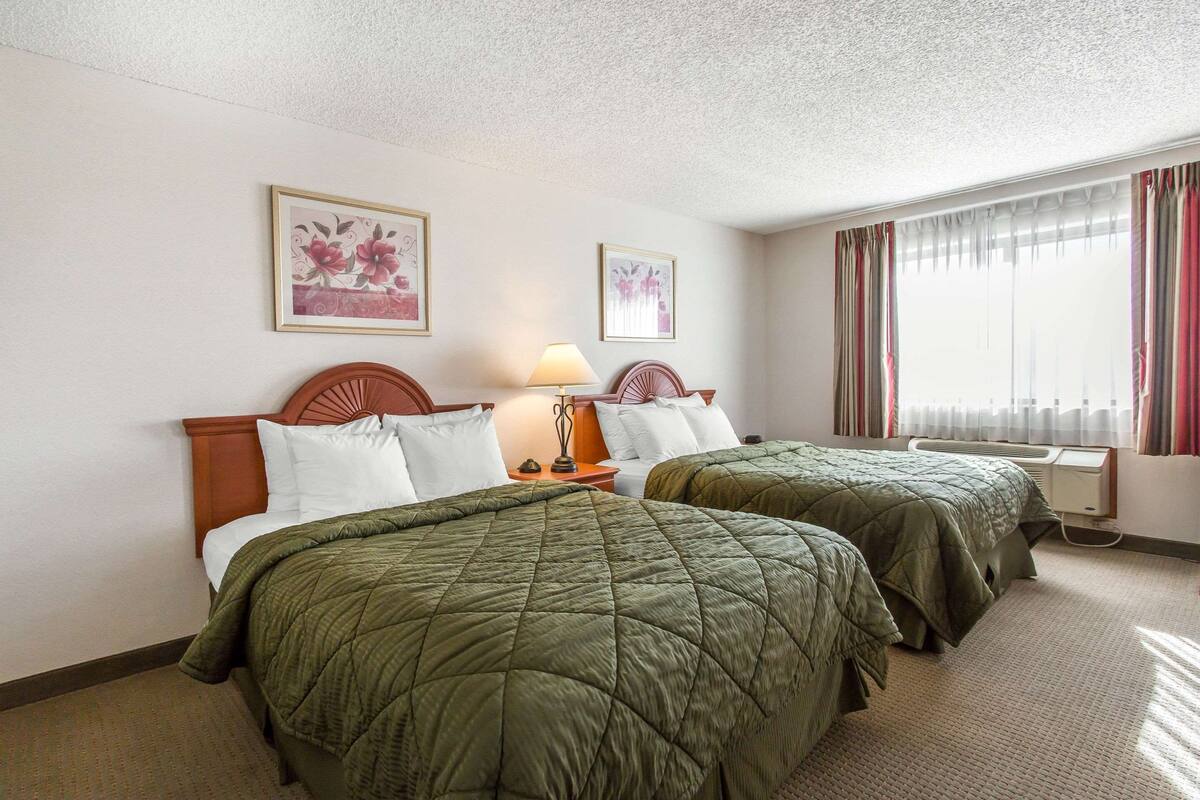 A hotel room with two beds, a nightstand with a lamp, and two framed floral pictures on the wall.