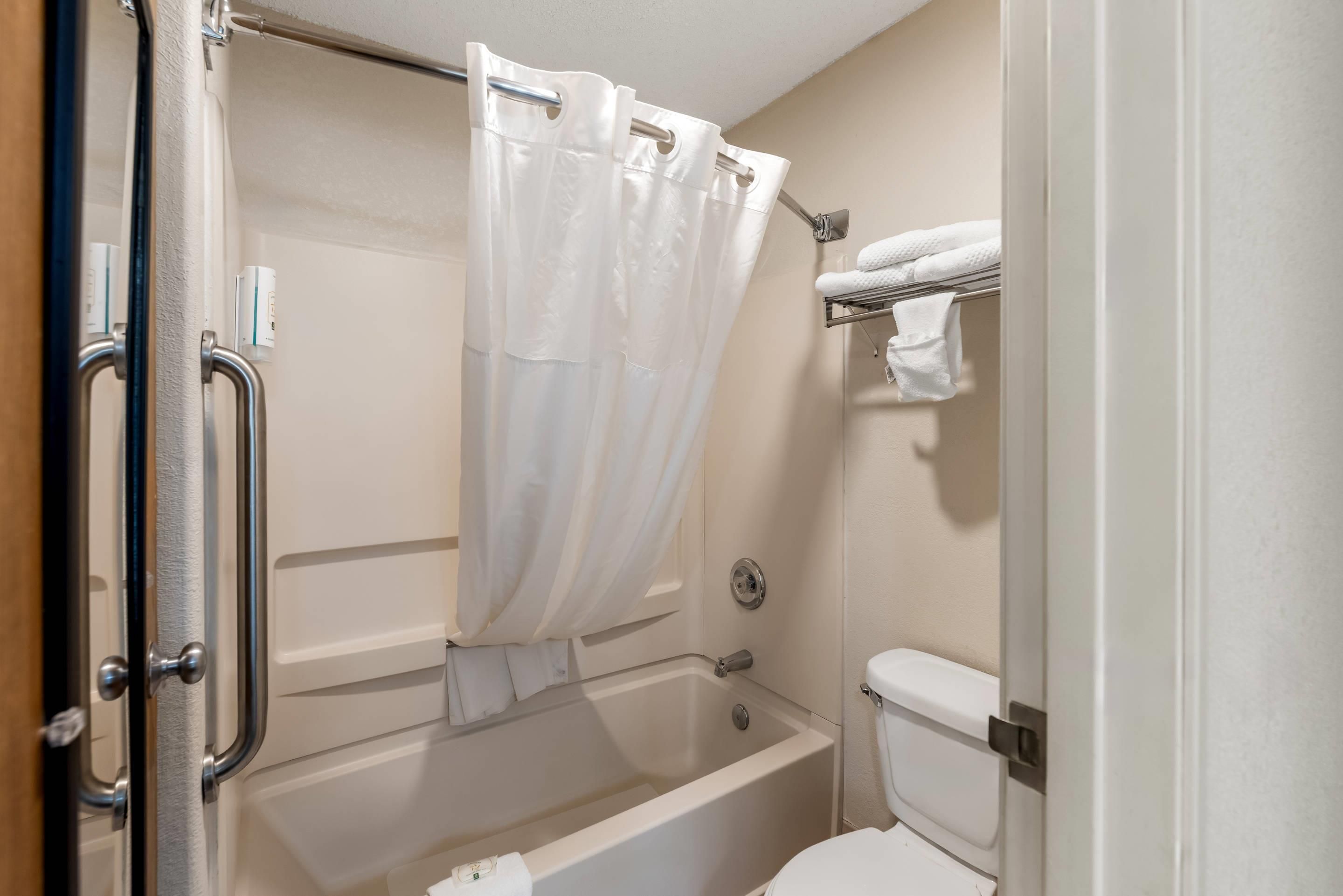 A bathroom with a bathtub, toilet, and a shower curtain.