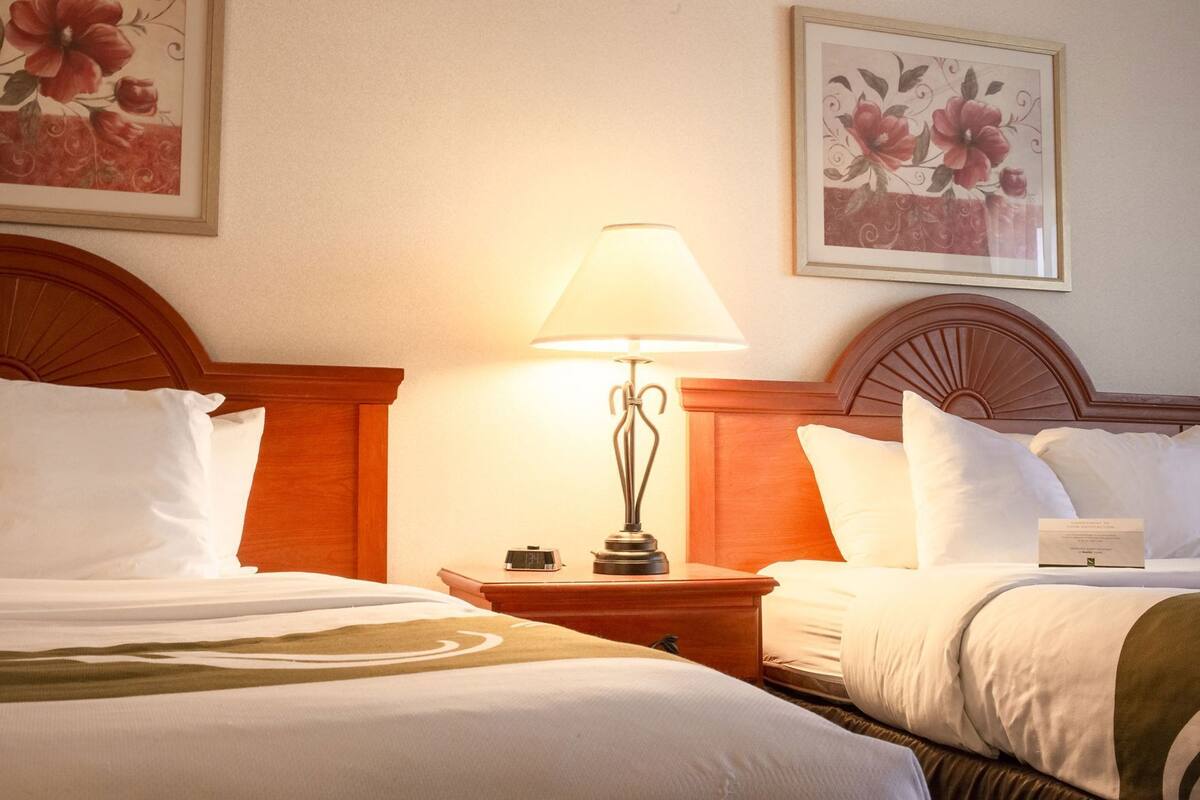 A hotel room with two beds, a nightstand with a lamp, and floral wall art.