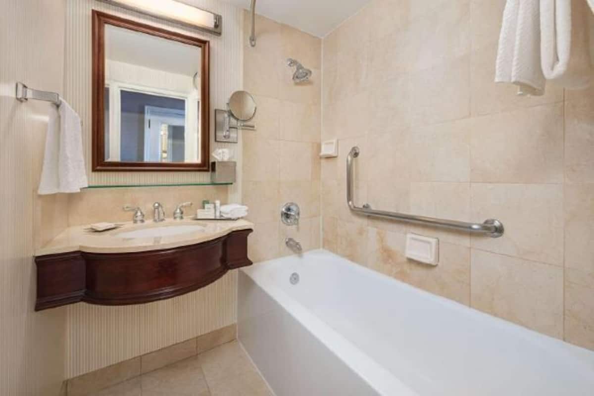 Baño | Tina con regadera, amenidades de baño de diseñador, secadora de cabello