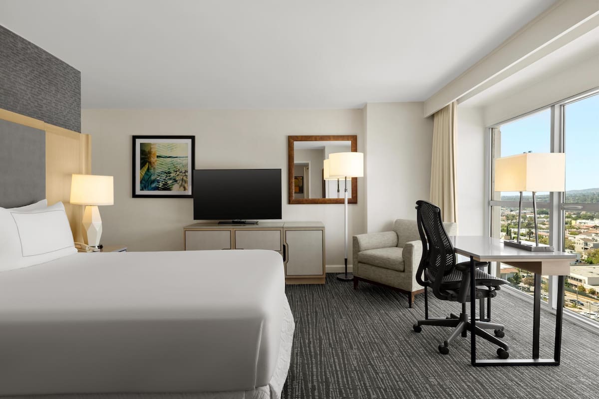 Een hotelkamer met een groot bed, een bureau met een stoel, een televisietoestel en uitzicht op de stad.