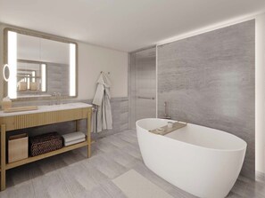 Shower, designer toiletries, hair dryer, bathrobes