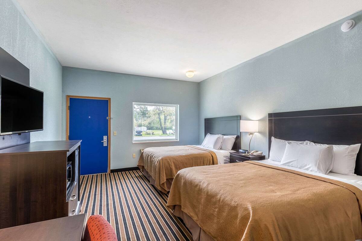 Habitación de hotel con dos camas, televisión, escritorio y ventana con vista a árboles.