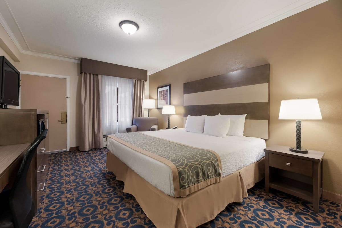 A hotel room with a large bed, a desk, a TV, and a nightstand with a lamp.