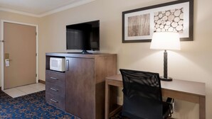 A hotel room with a desk, chair, TV, microwave, and artwork on the wall.