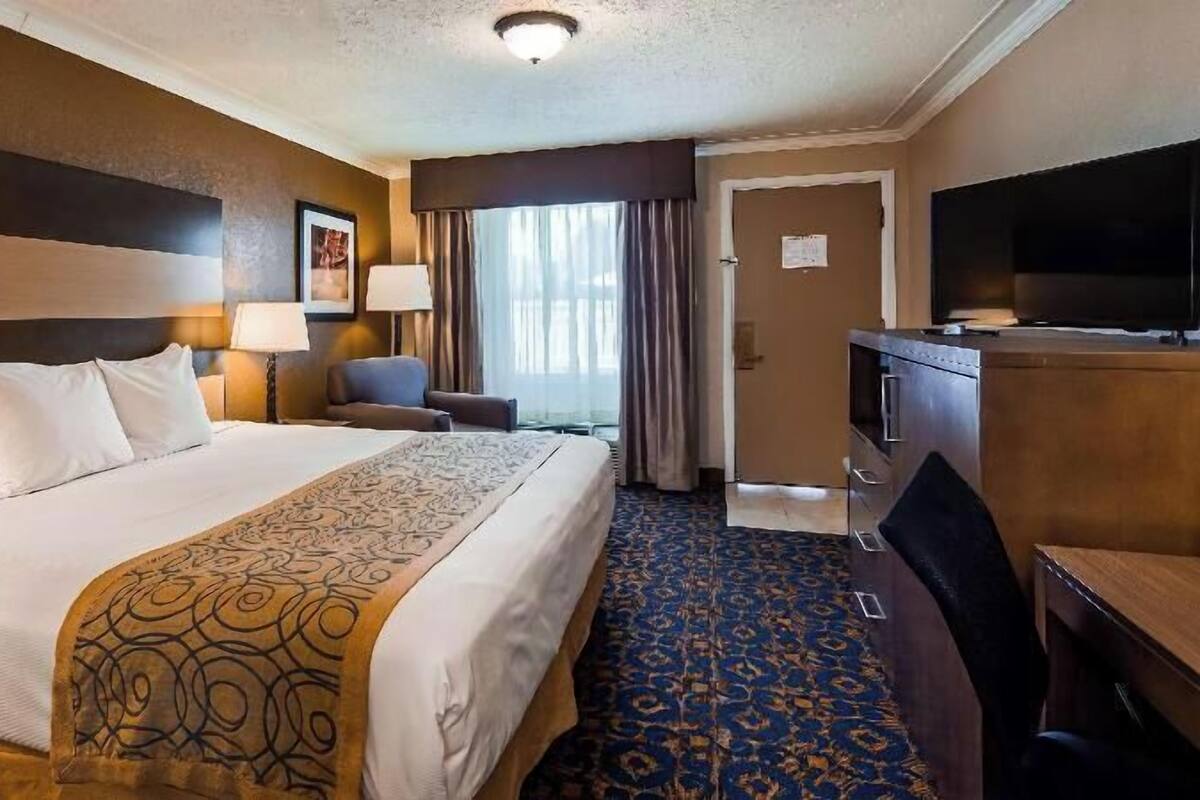 A hotel room with a large bed, a desk, a television, and a door.