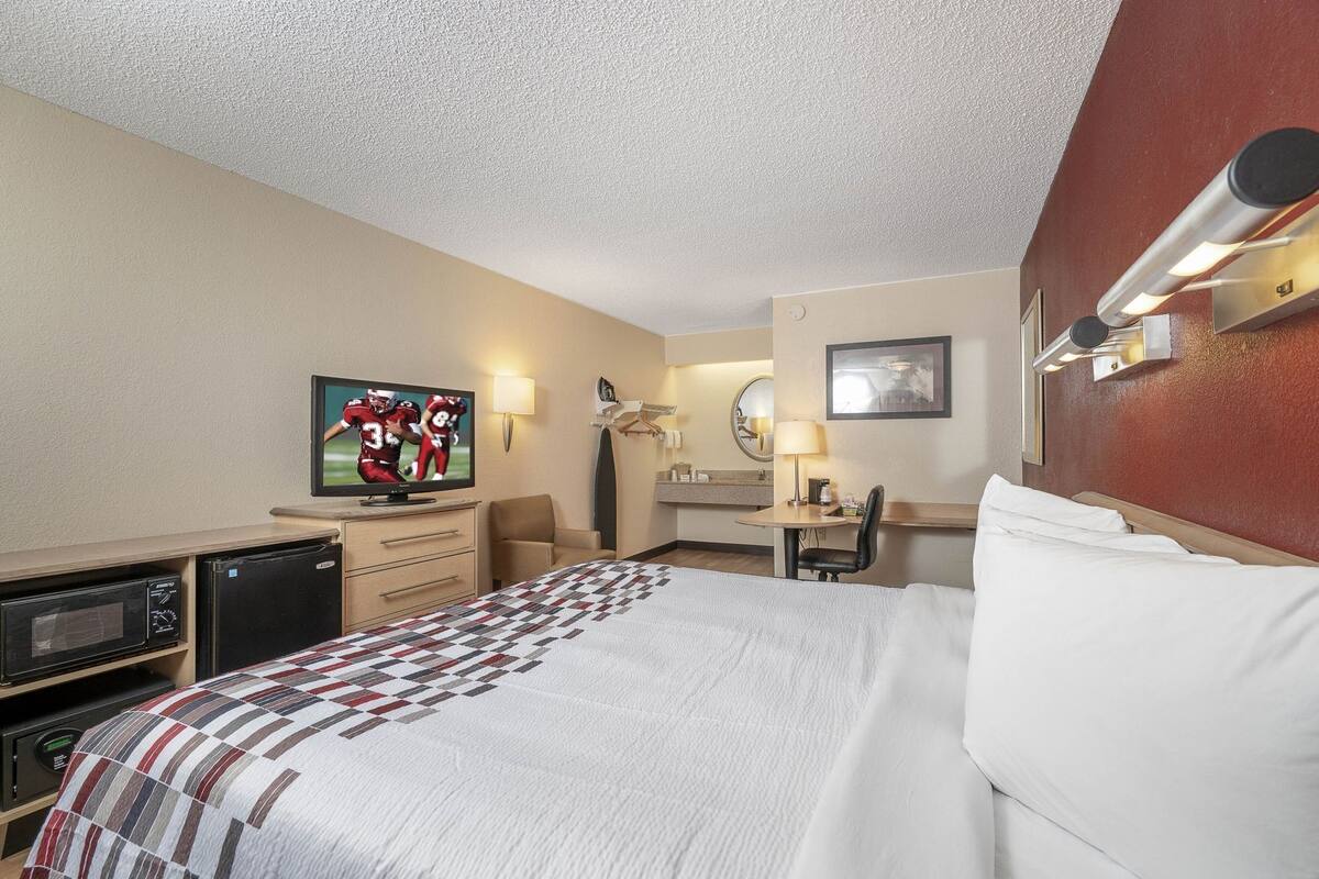 A hotel room with a bed, television, desk, chair, and a microwave.