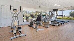 Un gimnasio con máquinas de cardio, un espejo grande y amplias ventanas.