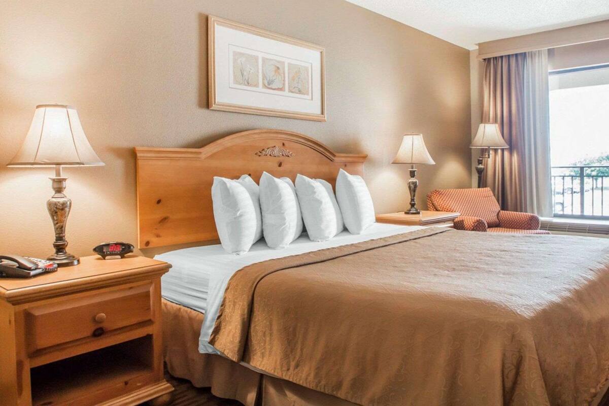 A hotel room with a large bed, two bedside tables, a nightstand, a framed picture on the wall, and a window with curtains.