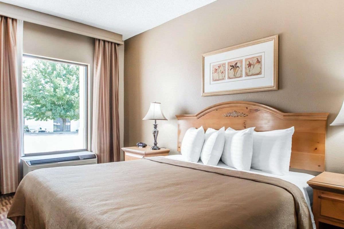 A hotel room with a large bed, a nightstand with a lamp, a framed picture on the wall, and a window with curtains.
