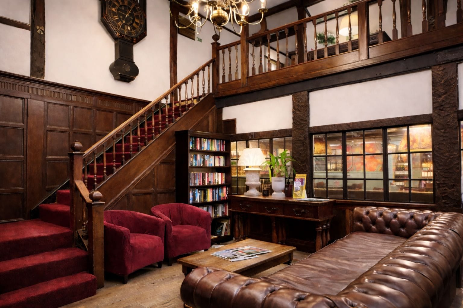 Una biblioteca con una escalera de madera, sillones rojos, un sofá de cuero y una estantería.