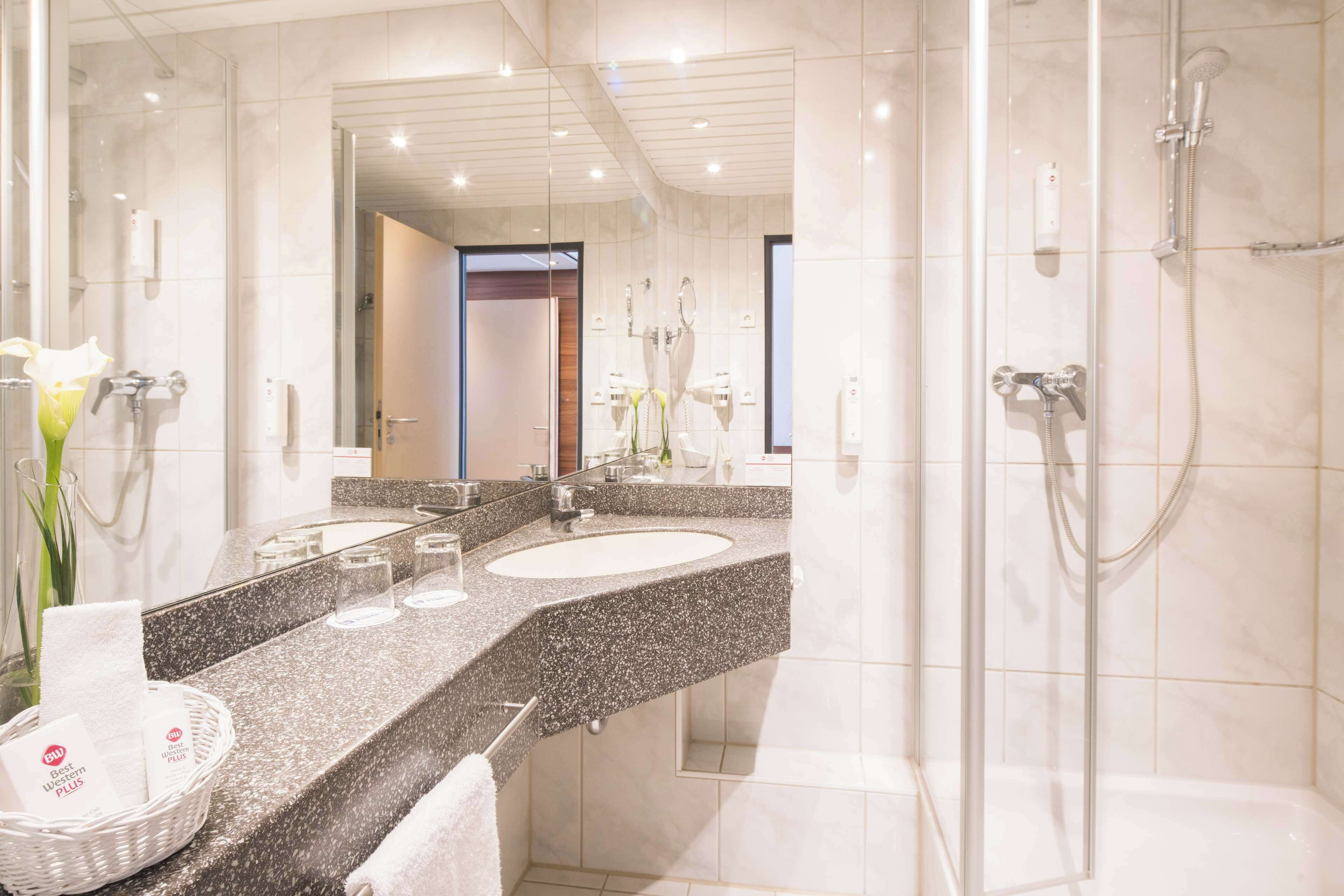 free toiletries, hair dryer, towels