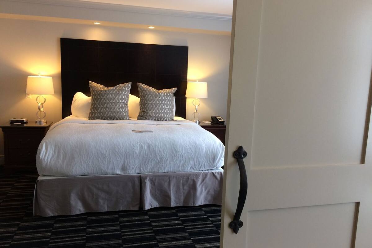 Hypo-allergenic bedding, desk, blackout drapes, iron/ironing board