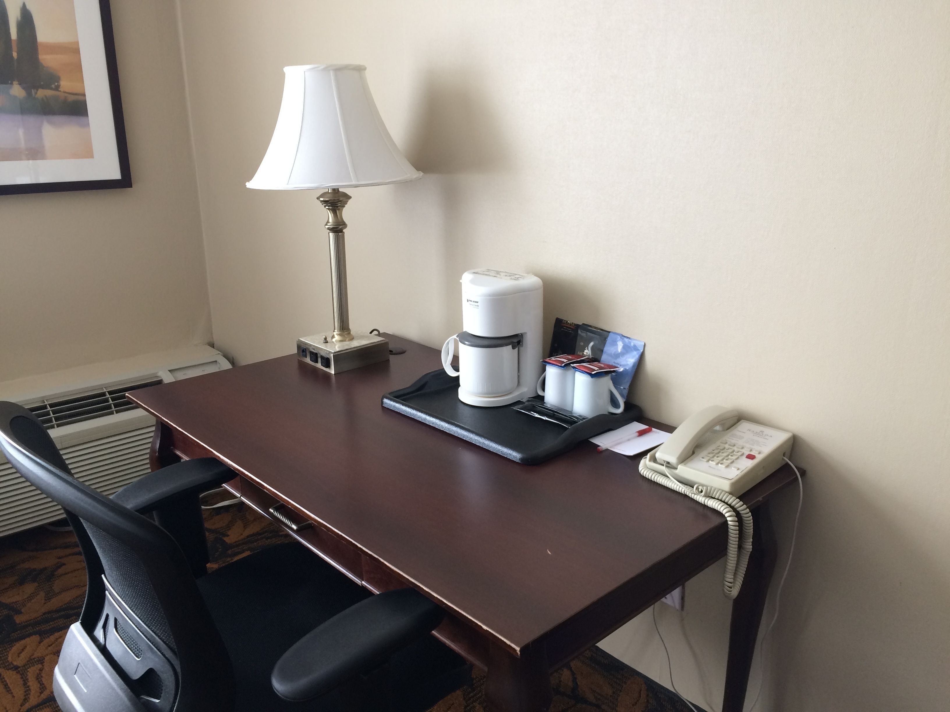 hypo-allergenic bedding, desk, blackout curtains, iron/ironing board