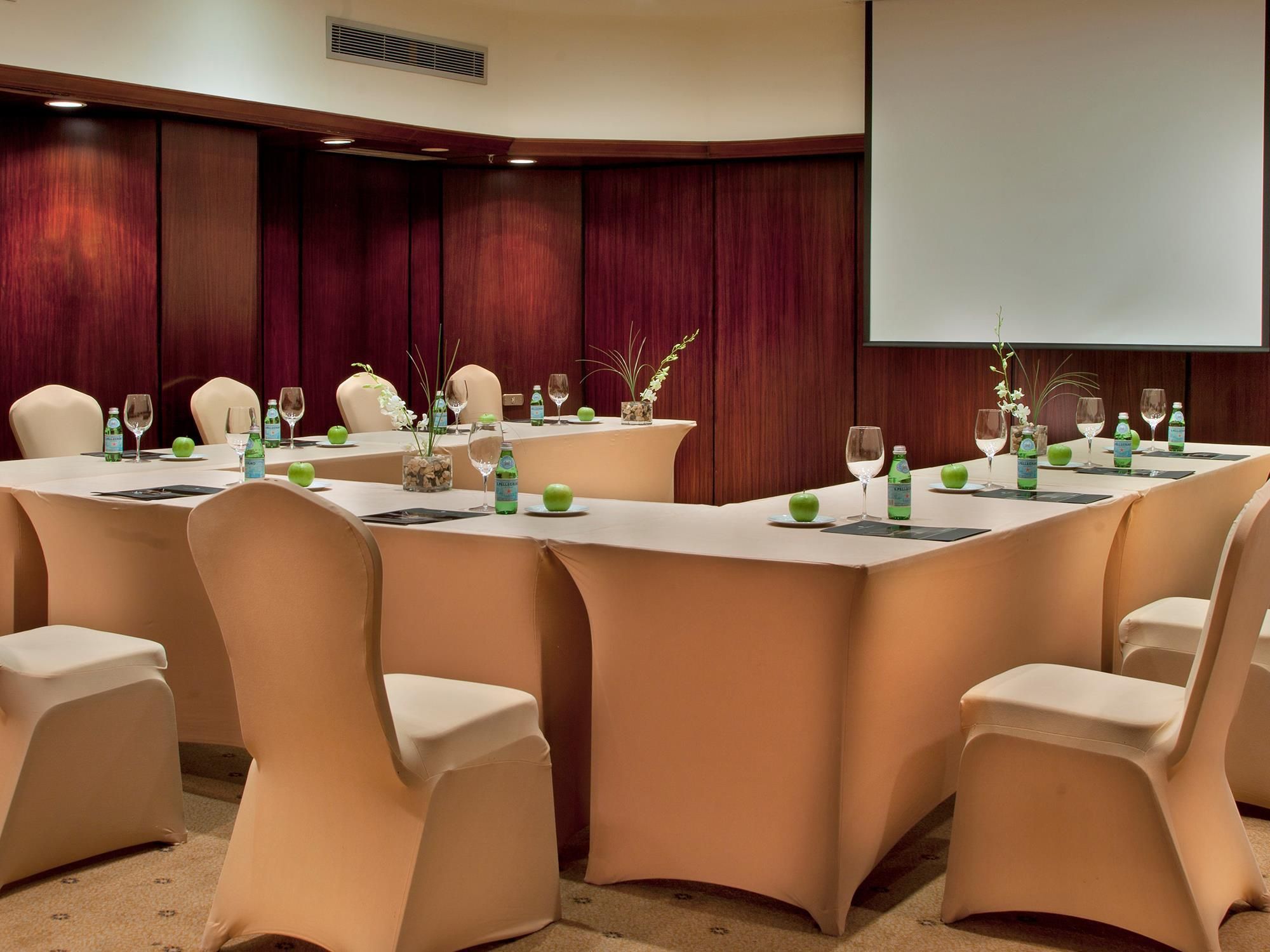 Un salón de conferencias con una larga mesa, sillas y una pantalla para proyector.