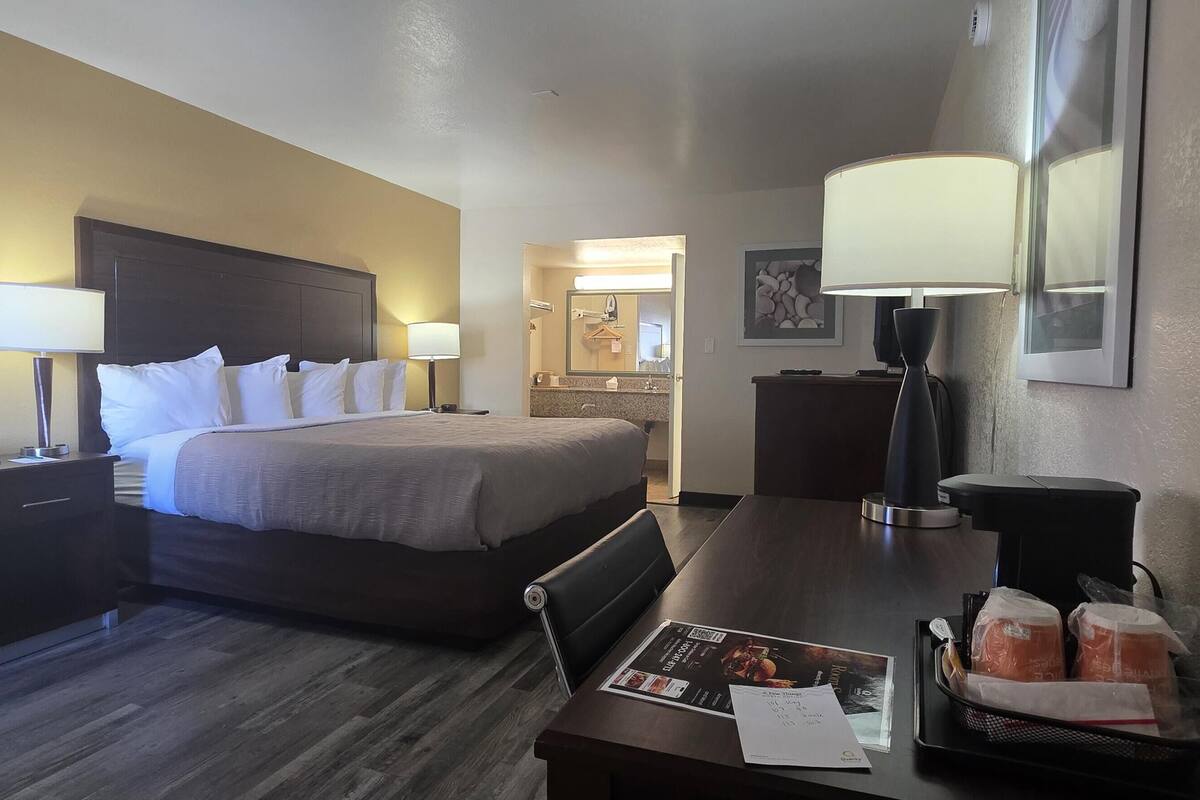 Premium bedding, down comforters, desk, blackout drapes