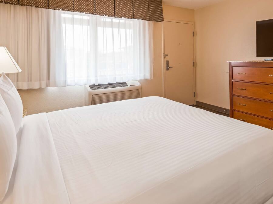 Una habitación de hotel con una cama grande, televisión, cómoda y ventana con cortinas.