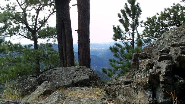 A rocky terrain with pine trees and a view of distant mountains. - Days Inn by Wyndham Spearfish (Spearfish)