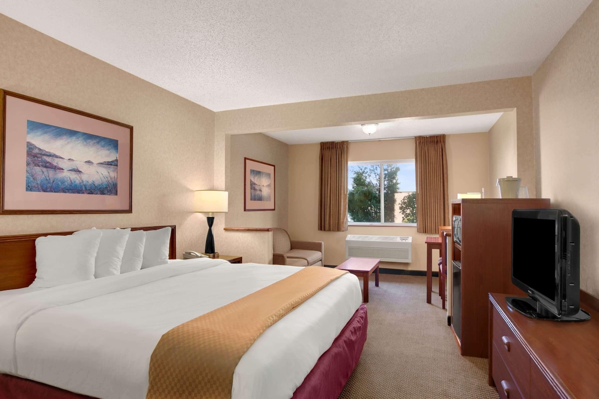 A hotel room with a large bed, a desk, a television, and a window with curtains.
