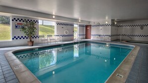 Una piscina interior con azulejos blancos y azules formando un diseño de cuadros, una planta en maceta y vistas al exterior.