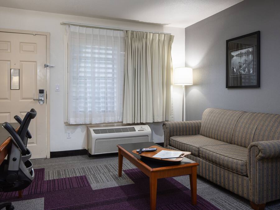 A hotel room with a sofa, a table with a remote control, a treadmill, and a window with curtains.