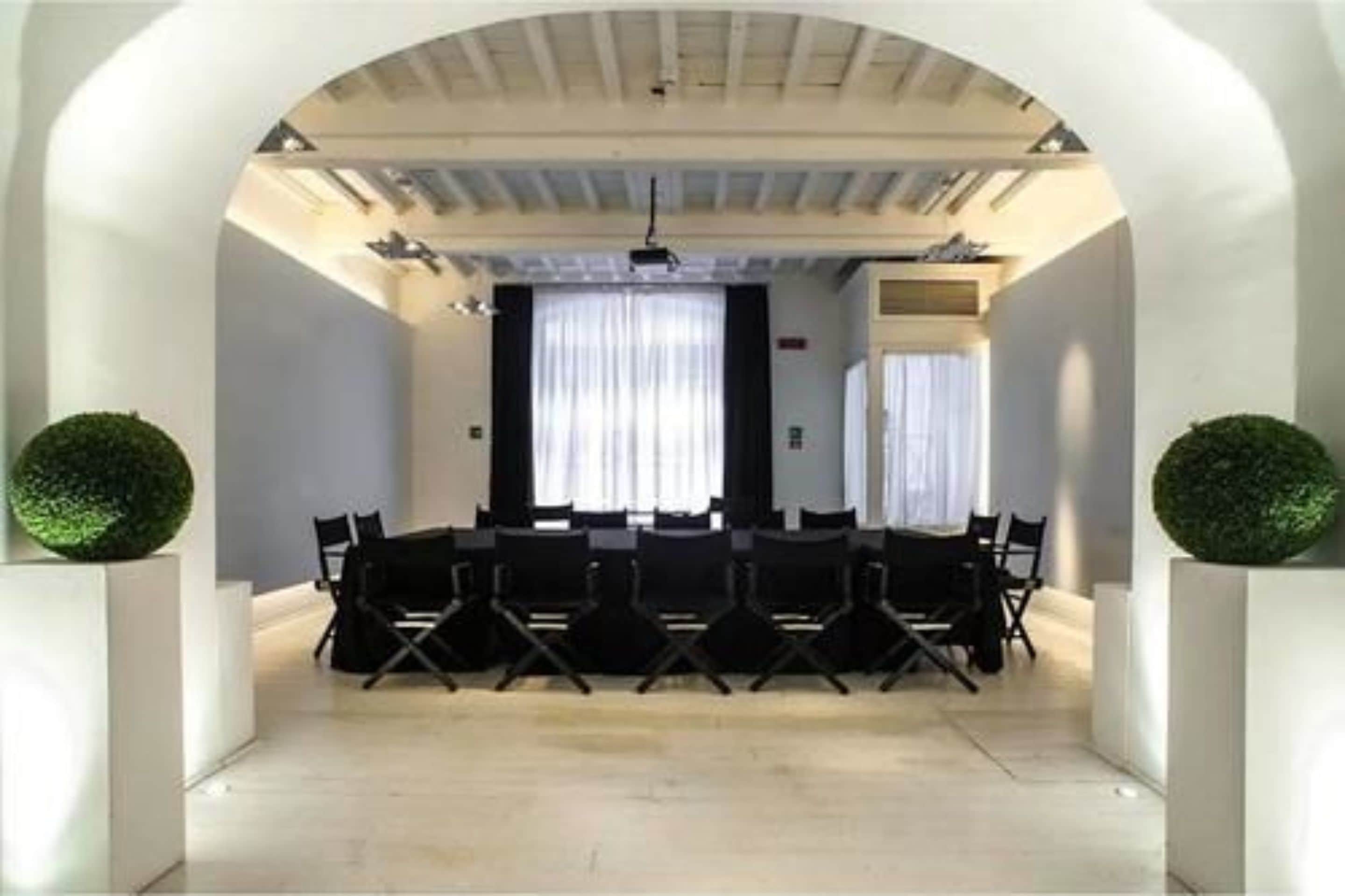 A conference room with a long table, black chairs, and two potted plants.