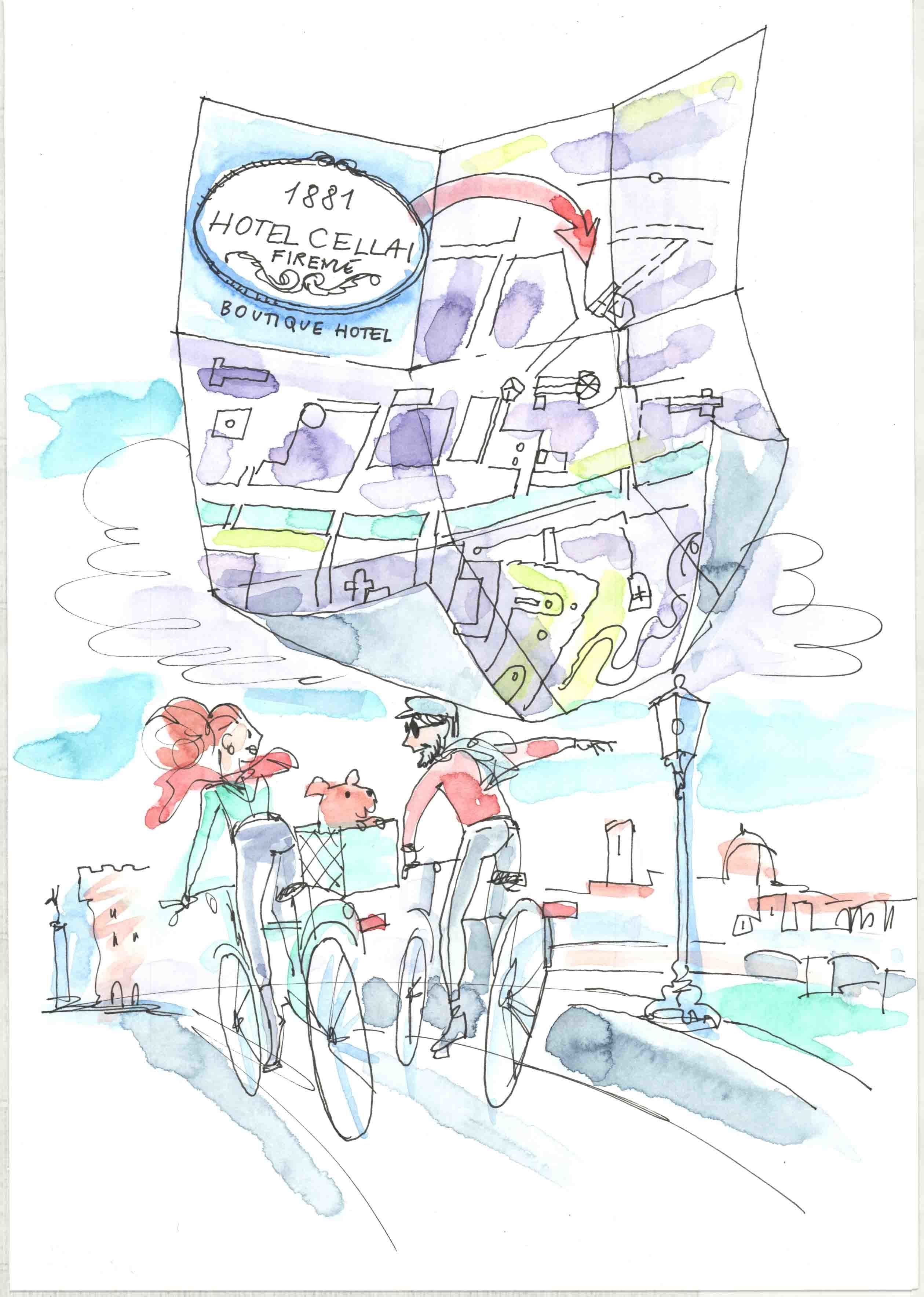 Un plan de l’hôtel Cellai indiquant une piste cyclable et un lampadaire.