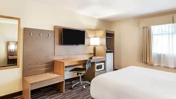 A hotel room with a bed, desk, chair, television, and a mirror.
